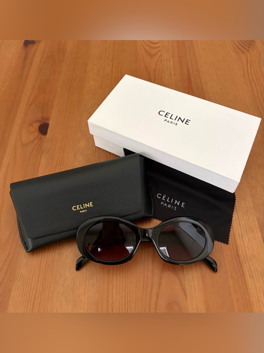 Celine Triomphe Black Oval Sunglasses with Case, Cloth, and Box 52-22-145